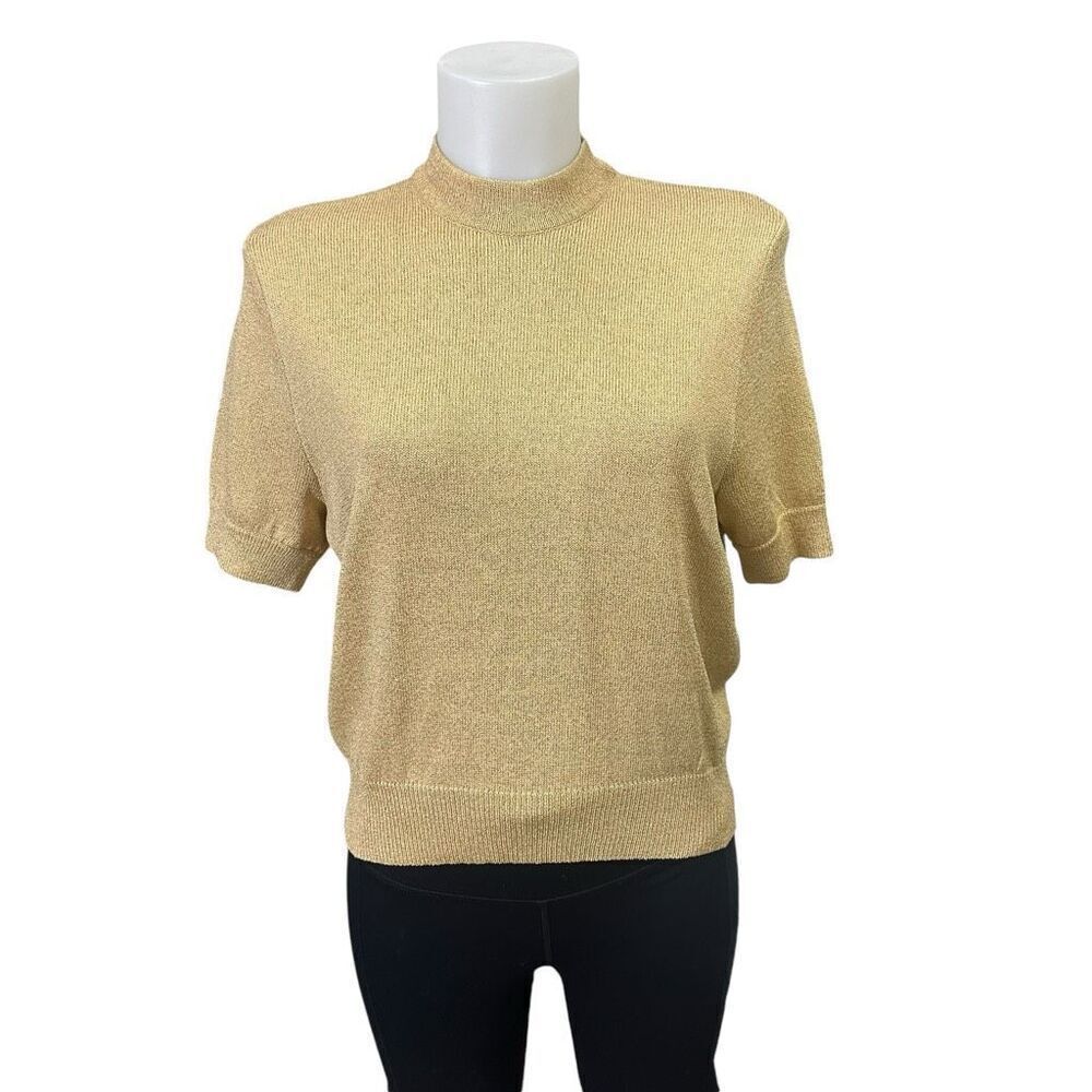 St. John Basics Gold Metallic Santana Knit Mock Neck  Sweater Top sz small‎ VTG